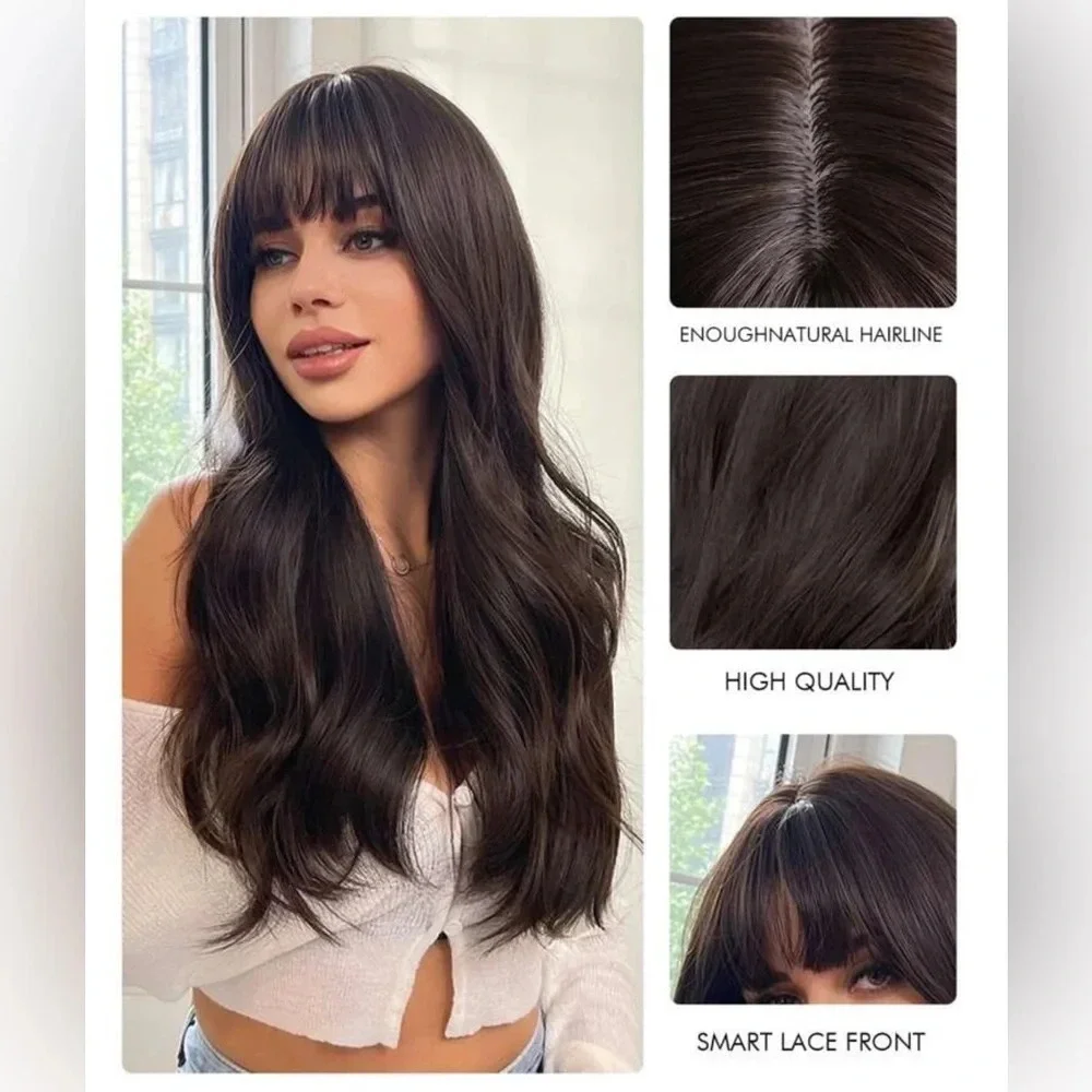 24 Inch  Natural Brown Wavy Butterfly Hair  with bangs